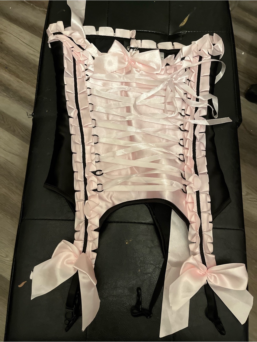 Pink Satin Lace-Up Garters with Bow Accents